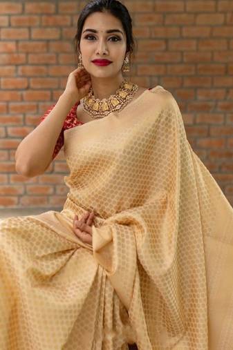 Beige red soft silk blend banarasi jacuard work designer party wear saree with unstitched blouse piece