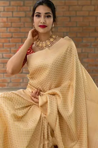 Beige red soft silk blend banarasi jacuard work designer party wear saree with unstitched blouse piece