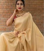 Beige red silk blend banarasi saree with unstitched blouse piece