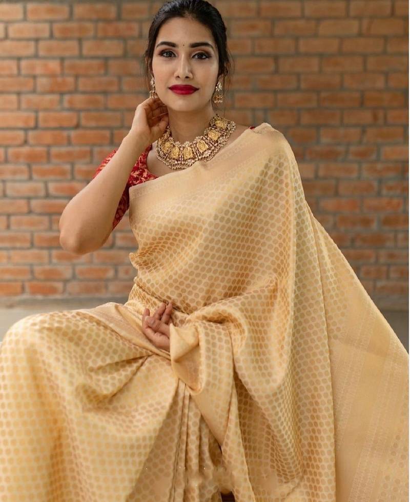 Beige red soft silk blend banarasi jacuard work designer party wear saree with unstitched blouse piece