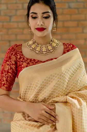 Beige red silk blend banarasi saree with unstitched blouse piece