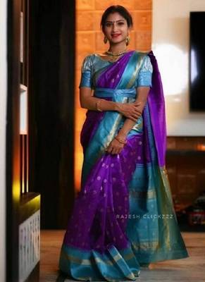 Wine rama silk blend banarasi saree with unstitched blouse piece 1