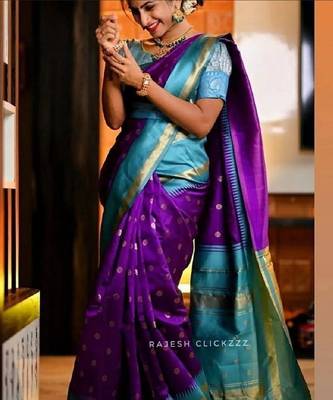 Wine rama silk blend banarasi saree with unstitched blouse piece 2