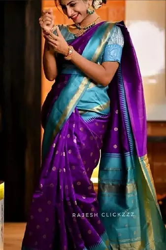 Wine rama silk blend banarasi saree with unstitched blouse piece