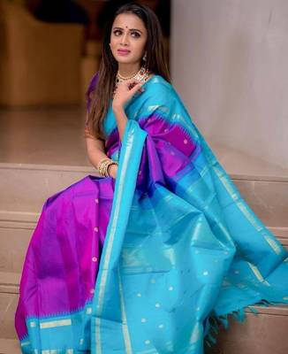 Wine rama silk blend banarasi saree with unstitched blouse piece 1