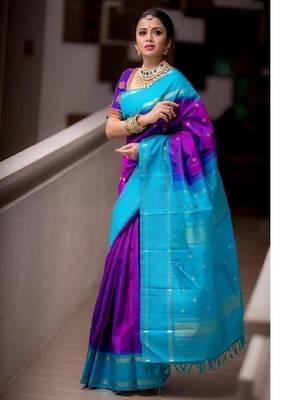 Wine rama silk blend banarasi saree with unstitched blouse piece 2