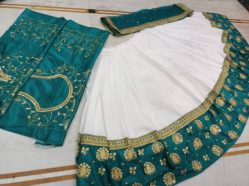Elegant Off White & Emerald Green Lehenga Choli with Zari Embroidery