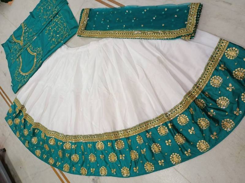 Elegant Off White & Emerald Green Lehenga Choli with Zari Embroidery