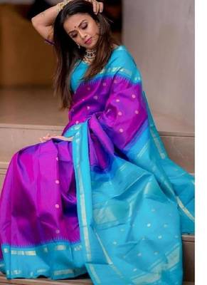 Wine rama silk blend banarasi saree with unstitched blouse piece 5