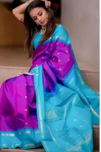 Wine rama silk blend banarasi saree with unstitched blouse piece
