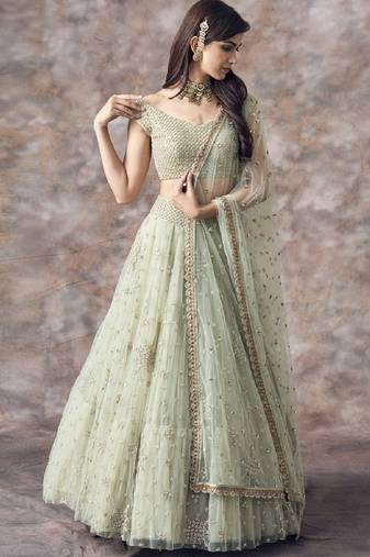 Pastel Green Sequins Work Designer Net Lehenga Set