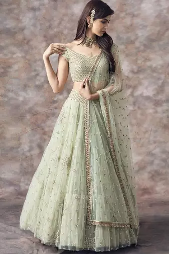 Pastel Green Sequins Work Designer Net Lehenga Set