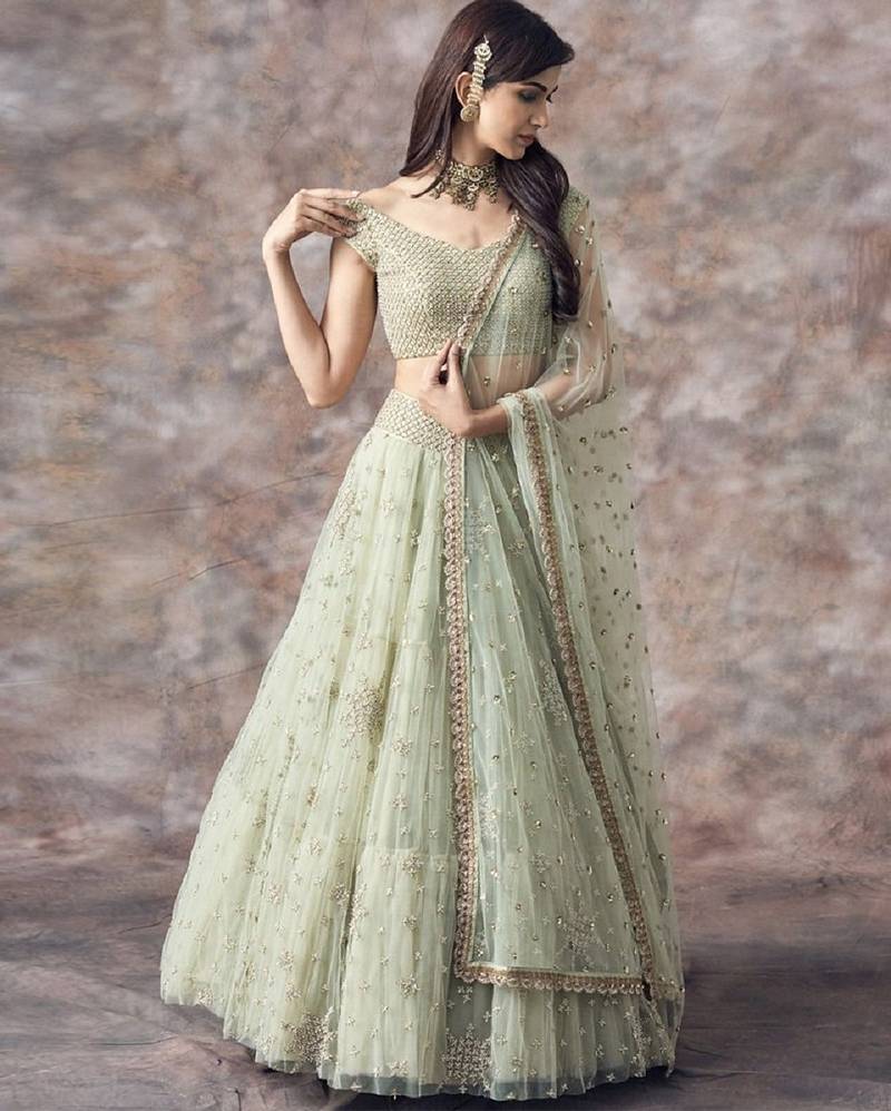 Pastel Green Sequins Work Designer Net Lehenga Set