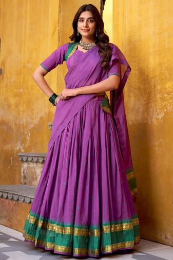 Stunning Purple Zari Weaving Chanderi Traditional Half Saree Lehenga