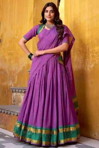 Stunning Purple Zari Weaving Chanderi Traditional Half Saree Lehenga