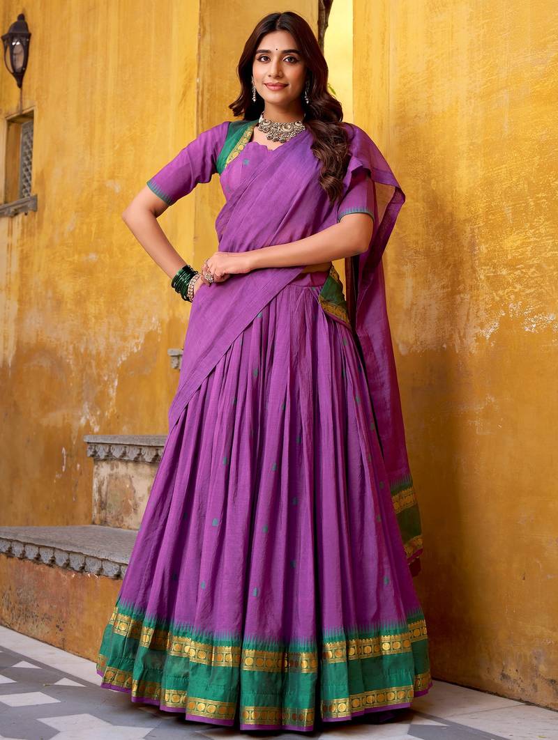 Stunning Purple Zari Weaving Chanderi Traditional Half Saree Lehenga