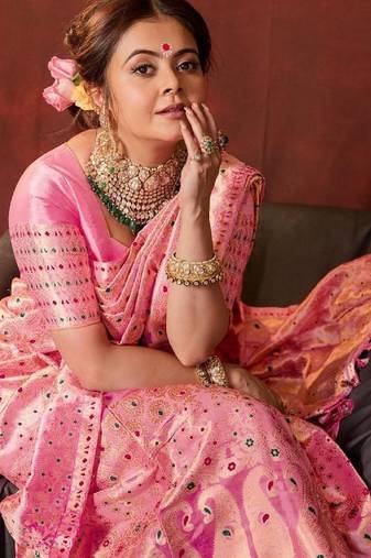 Pink soft silk blend banarasi jacuard work designer party wear saree with unstitched blouse piece