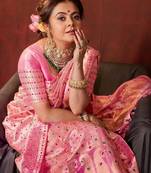 Pink silk blend banarasi saree with unstitched blouse piece
