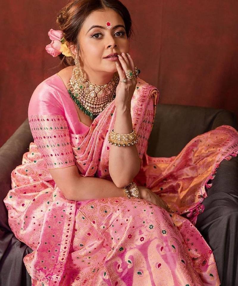 Pink soft silk blend banarasi jacuard work designer party wear saree with unstitched blouse piece