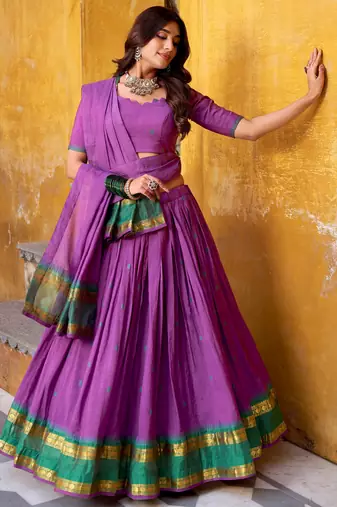 Stunning Purple Zari Weaving Chanderi Traditional Half Saree Lehenga