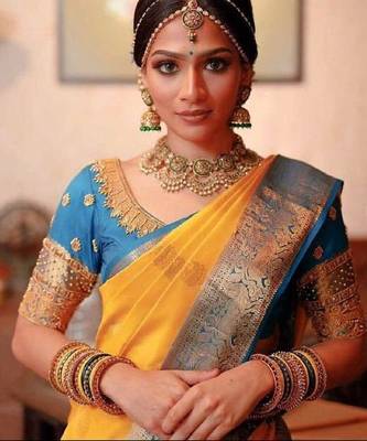 Yellow rama silk blend banarasi saree with unstitched blouse piece 1