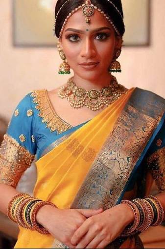 Yellow rama soft silk blend banarasi jacuard work designer party wear saree with unstitched blouse piece