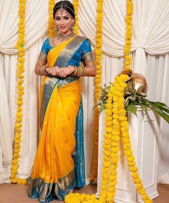Yellow rama silk blend banarasi saree with unstitched blouse piece 2