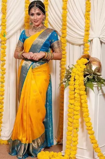 Yellow rama silk blend banarasi saree with unstitched blouse piece