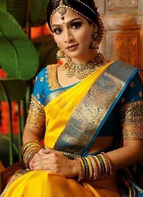 Yellow rama silk blend banarasi saree with unstitched blouse piece 4