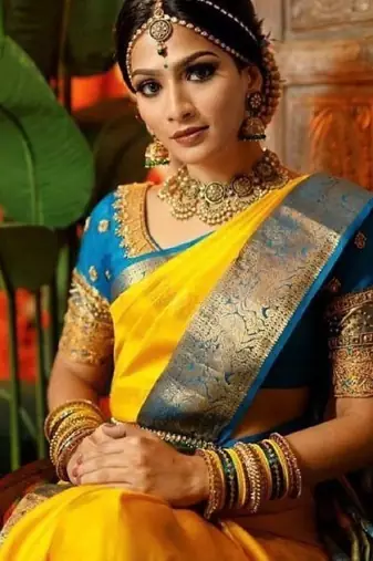 Yellow rama silk blend banarasi saree with unstitched blouse piece