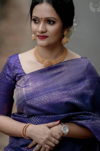 Blue soft silk blend banarasi jacuard work designer party wear saree with unstitched blouse piece