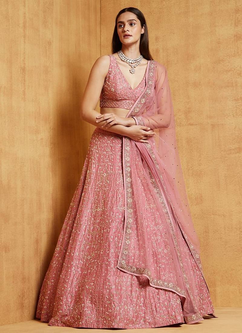 Mauve Pink Premium Satin Silk Embroidered Lehenga