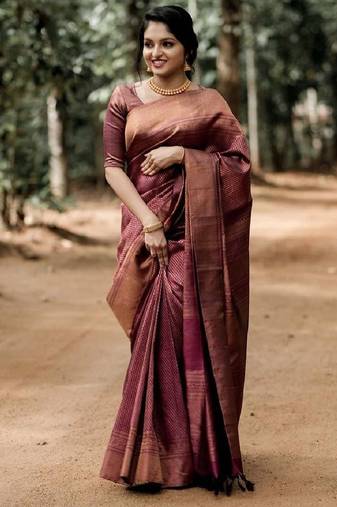 Maroon soft silk blend banarasi jacuard work designer party wear saree with unstitched blouse piece