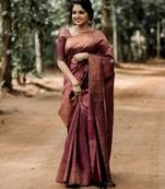 Maroon silk blend banarasi saree with unstitched blouse piece