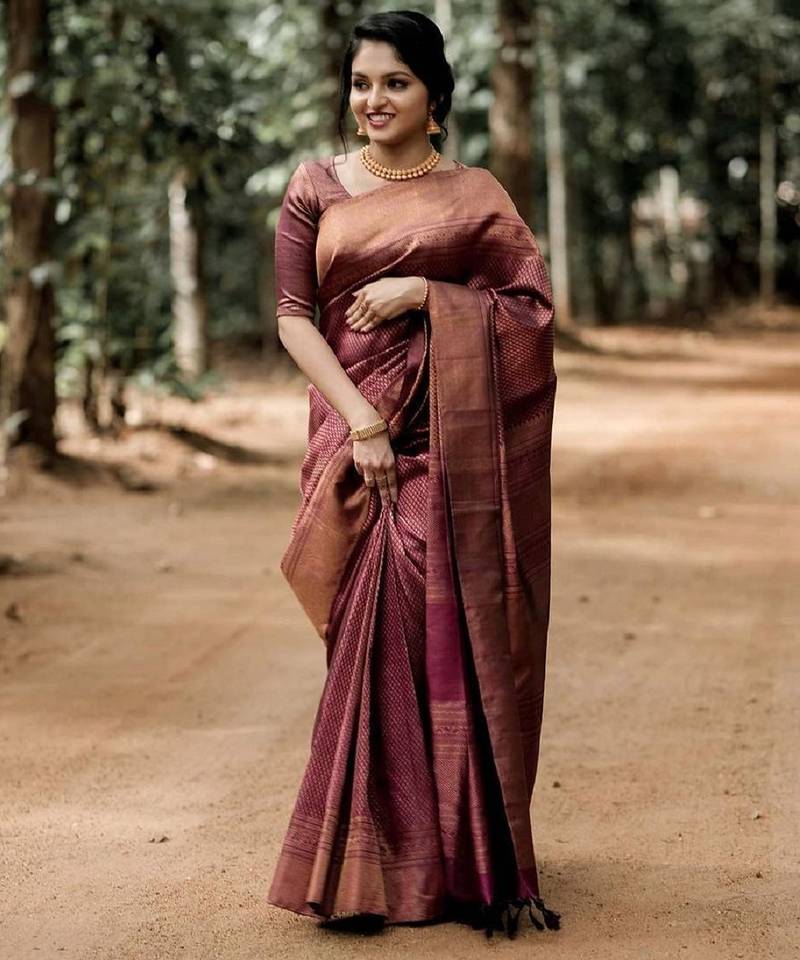 Maroon soft silk blend banarasi jacuard work designer party wear saree with unstitched blouse piece