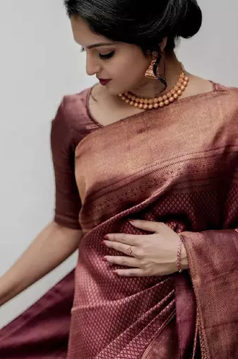 Maroon silk blend banarasi saree with unstitched blouse piece
