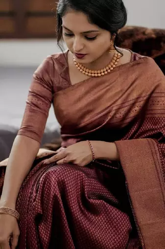 Maroon silk blend banarasi saree with unstitched blouse piece