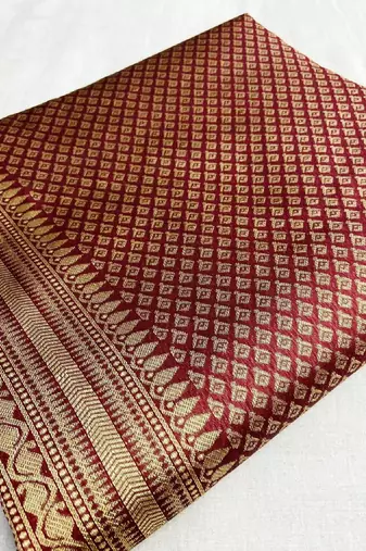 Maroon silk blend banarasi saree with unstitched blouse piece
