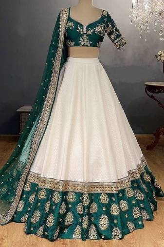 Elegant Off White & Emerald Green Lehenga Choli with Zari Embroidery