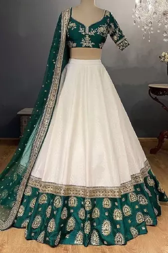 Elegant Off White & Emerald Green Lehenga Choli with Zari Embroidery