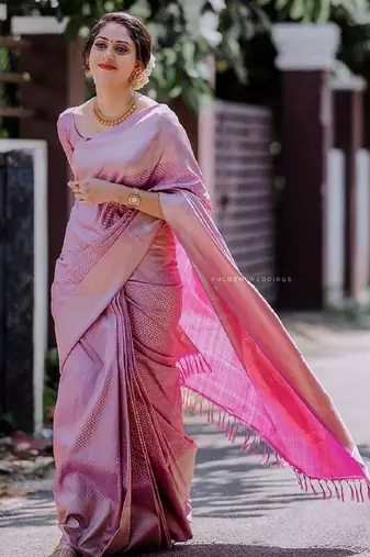 Pink soft silk blend banarasi jacuard work designer party wear saree with unstitched blouse piece