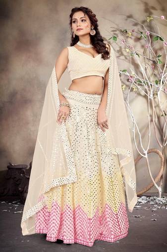 Cream Faux Georgette Mirror Work Lehenga Choli