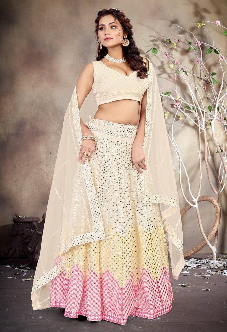 Cream Faux Georgette Mirror Work Lehenga Choli