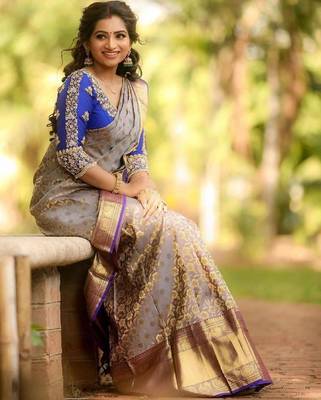 Grey blue silk blend banarasi saree with unstitched blouse piece 1