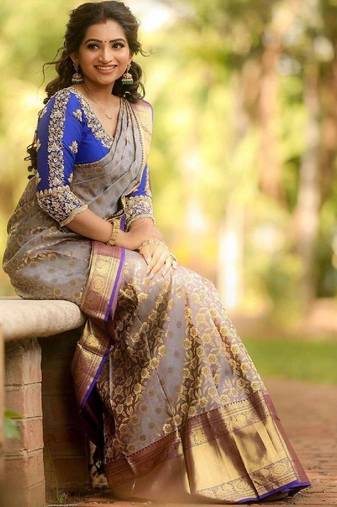 Grey blue soft silk blend banarasi jacuard work designer party wear saree with unstitched blouse piece