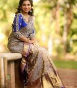 Grey blue soft silk blend banarasi jacuard work designer party wear saree with unstitched blouse piece