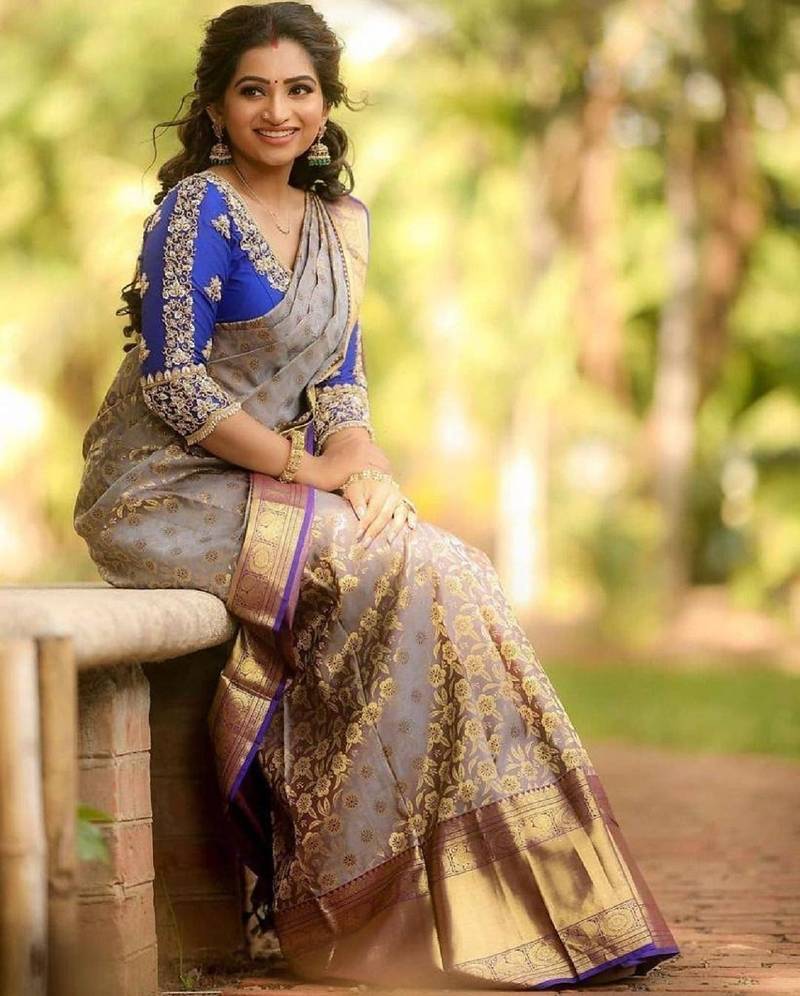 Grey blue soft silk blend banarasi jacuard work designer party wear saree with unstitched blouse piece