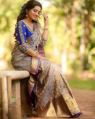 Grey blue silk blend banarasi saree with unstitched blouse piece 2