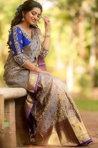 Grey blue silk blend banarasi saree with unstitched blouse piece