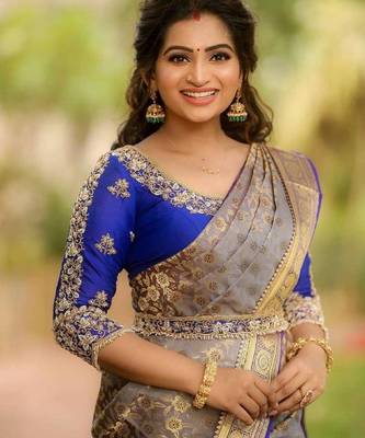 Grey blue silk blend banarasi saree with unstitched blouse piece 3